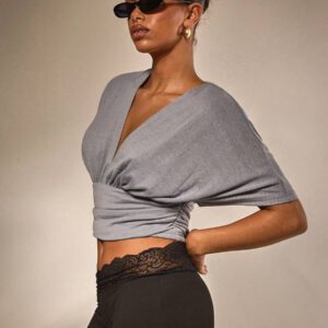 Athîral Top court smocké à manches chauve-souris de couleur unie sexy pour femmes