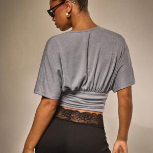 Athîral Top court smocké à manches chauve-souris de couleur unie sexy pour femmes