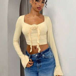 Glamine T-shirt court à manches longues et encolure carrée ajustée pour femmes, Top de soirée sexy avec découpes et sequins pour femmes, saint-valentin