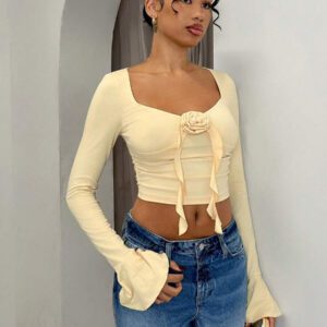 Glamine T-shirt court à manches longues et encolure carrée ajustée pour femmes, Top de soirée sexy avec découpes et sequins pour femmes, saint-valentin
