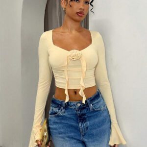 Glamine T-shirt court à manches longues et encolure carrée ajustée pour femmes, Top de soirée sexy avec découpes et sequins pour femmes, saint-valentin