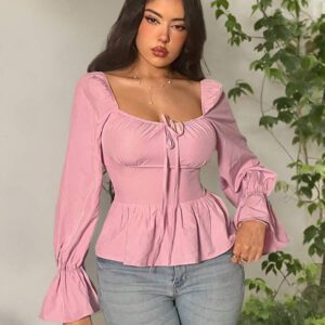 Firerie Chemise femme à manches longues avec nœud à l'avant, feuille de lotus, rose. Top rose, top à manches longues, idéal pour la Saint-Valentin, les rendez-vous, sexy, élégant, les trajets, la rentrée, les vacances, les moments romantiques