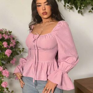 Firerie Chemise femme à manches longues avec nœud à l'avant, feuille de lotus, rose. Top rose, top à manches longues, idéal pour la Saint-Valentin, les rendez-vous, sexy, élégant, les trajets, la rentrée, les vacances, les moments romantiques