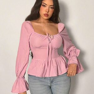 Firerie Chemise femme à manches longues avec nœud à l'avant, feuille de lotus, rose. Top rose, top à manches longues, idéal pour la Saint-Valentin, les rendez-vous, sexy, élégant, les trajets, la rentrée, les vacances, les moments romantiques