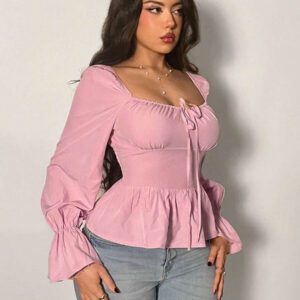 Firerie Chemise femme à manches longues avec nœud à l'avant, feuille de lotus, rose. Top rose, top à manches longues, idéal pour la Saint-Valentin, les rendez-vous, sexy, élégant, les trajets, la rentrée, les vacances, les moments romantiques