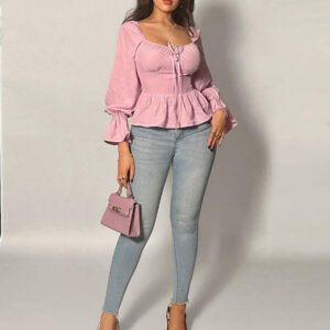 Firerie Chemise femme à manches longues avec nœud à l'avant, feuille de lotus, rose. Top rose, top à manches longues, idéal pour la Saint-Valentin, les rendez-vous, sexy, élégant, les trajets, la rentrée, les vacances, les moments romantiques