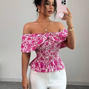 Elenzga Blouse élégante à épaules dénudées, taille froncée, imprimé floral pour femmes, idéal pour les vacances