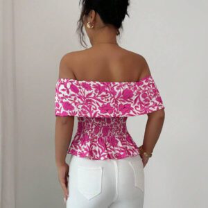 Elenzga Blouse élégante à épaules dénudées, taille froncée, imprimé floral pour femmes, idéal pour les vacances