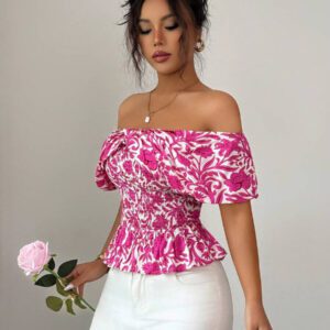 Elenzga Blouse élégante à épaules dénudées, taille froncée, imprimé floral pour femmes, idéal pour les vacances