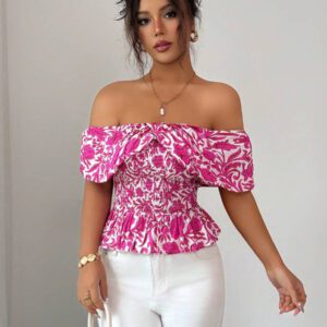Elenzga Blouse élégante à épaules dénudées, taille froncée, imprimé floral pour femmes, idéal pour les vacances