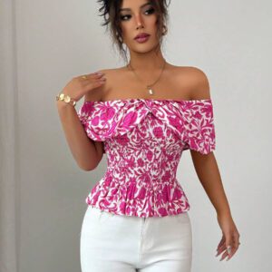 Elenzga Blouse élégante à épaules dénudées, taille froncée, imprimé floral pour femmes, idéal pour les vacances