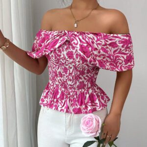 Elenzga Blouse élégante à épaules dénudées, taille froncée, imprimé floral pour femmes, idéal pour les vacances