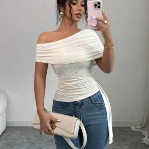 Elenzga T-shirt élégant slim asymétrique à volants de couleur unie pour femme, été