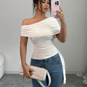 Elenzga T-shirt élégant slim asymétrique à volants de couleur unie pour femme, été