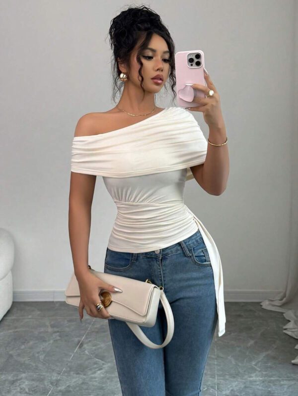 Elenzga T-shirt élégant slim asymétrique à volants de couleur unie pour femme, été – Image 2