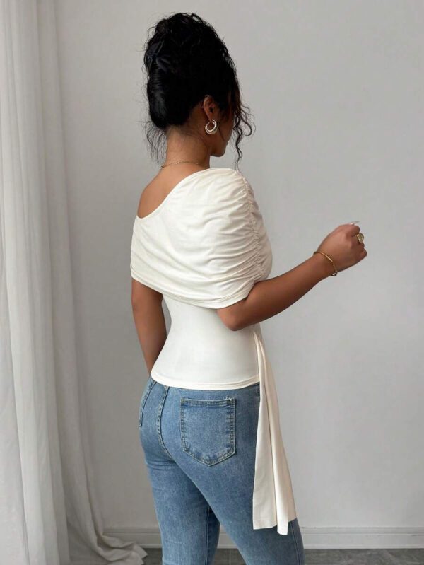 Elenzga T-shirt élégant slim asymétrique à volants de couleur unie pour femme, été – Image 3