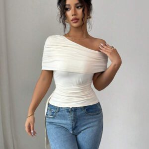 Elenzga T-shirt élégant slim asymétrique à volants de couleur unie pour femme, été