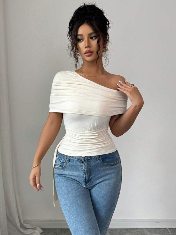 Elenzga T-shirt élégant slim asymétrique à volants de couleur unie pour femme, été – Image 4