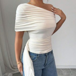 Elenzga T-shirt élégant slim asymétrique à volants de couleur unie pour femme, été