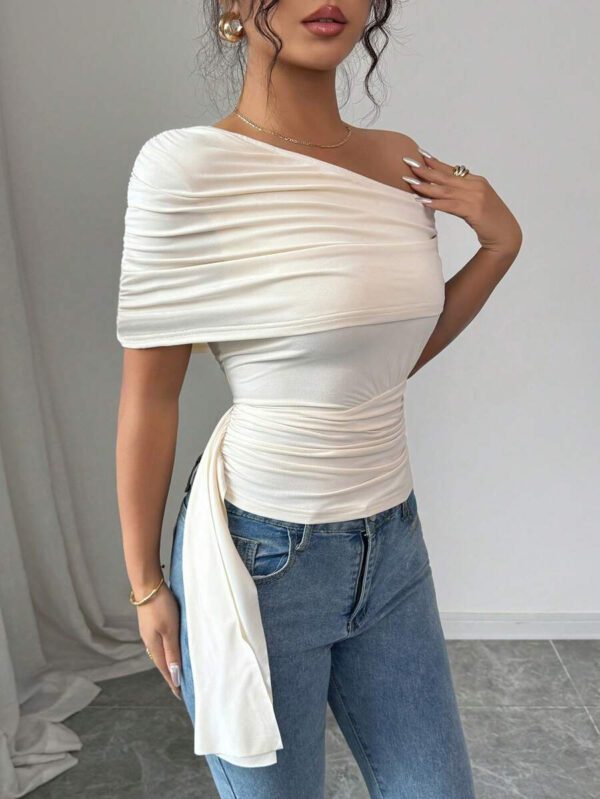 Elenzga T-shirt élégant slim asymétrique à volants de couleur unie pour femme, été – Image 5