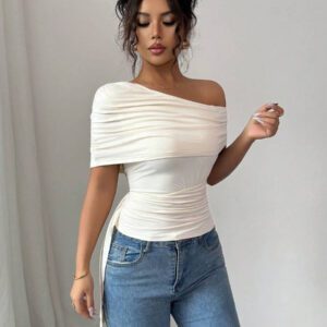 Elenzga T-shirt élégant slim asymétrique à volants de couleur unie pour femme, été