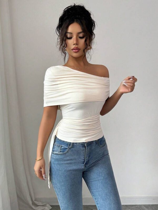 Elenzga T-shirt élégant slim asymétrique à volants de couleur unie pour femme, été – Image 6