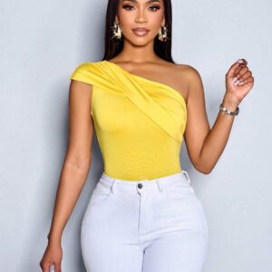 SOLERSUN Top à manches plissées avec épaules dénudées, col asymétrique en tricot jaune sexy, pour femmes, pour une utilisation quotidienne et décontractée, printemps et été