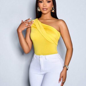 SOLERSUN Top à manches plissées avec épaules dénudées, col asymétrique en tricot jaune sexy, pour femmes, pour une utilisation quotidienne et décontractée, printemps et été