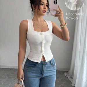 Elenzga Débardeur court à motif floral 3D à la mode pour femme, camisole courte ajustée à bretelles larges et col carré