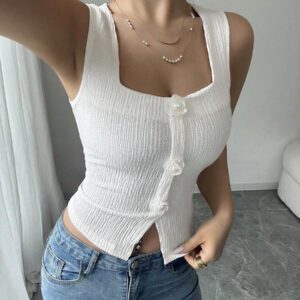 Elenzga Débardeur court à motif floral 3D à la mode pour femme, camisole courte ajustée à bretelles larges et col carré