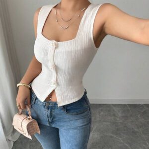Elenzga Débardeur court à motif floral 3D à la mode pour femme, camisole courte ajustée à bretelles larges et col carré