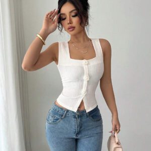 Elenzga Débardeur court à motif floral 3D à la mode pour femme, camisole courte ajustée à bretelles larges et col carré