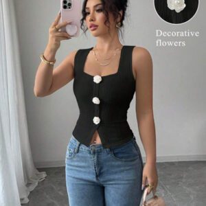 Elenzga Débardeur court à motif floral 3D à la mode pour femme, camisole courte ajustée à bretelles larges et col carré