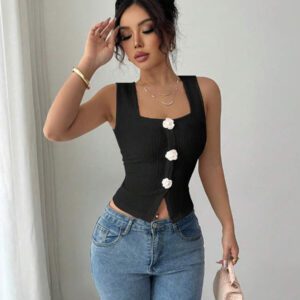 Elenzga Débardeur court à motif floral 3D à la mode pour femme, camisole courte ajustée à bretelles larges et col carré