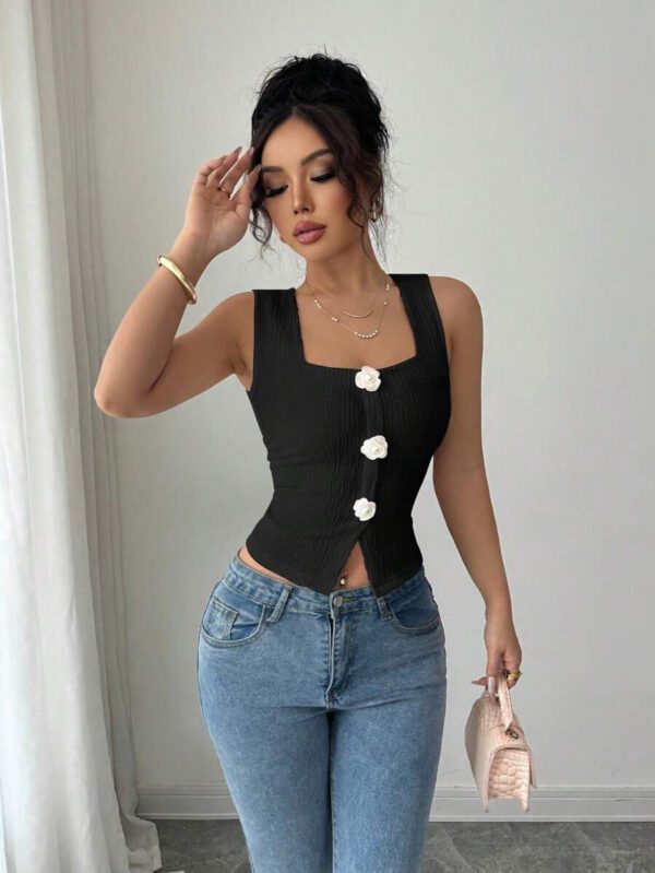 Elenzga Débardeur court à motif floral 3D à la mode pour femme, camisole courte ajustée à bretelles larges et col carré – Image 12