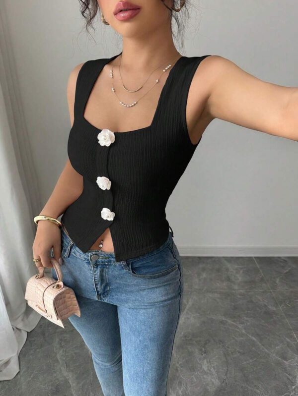 Elenzga Débardeur court à motif floral 3D à la mode pour femme, camisole courte ajustée à bretelles larges et col carré – Image 13