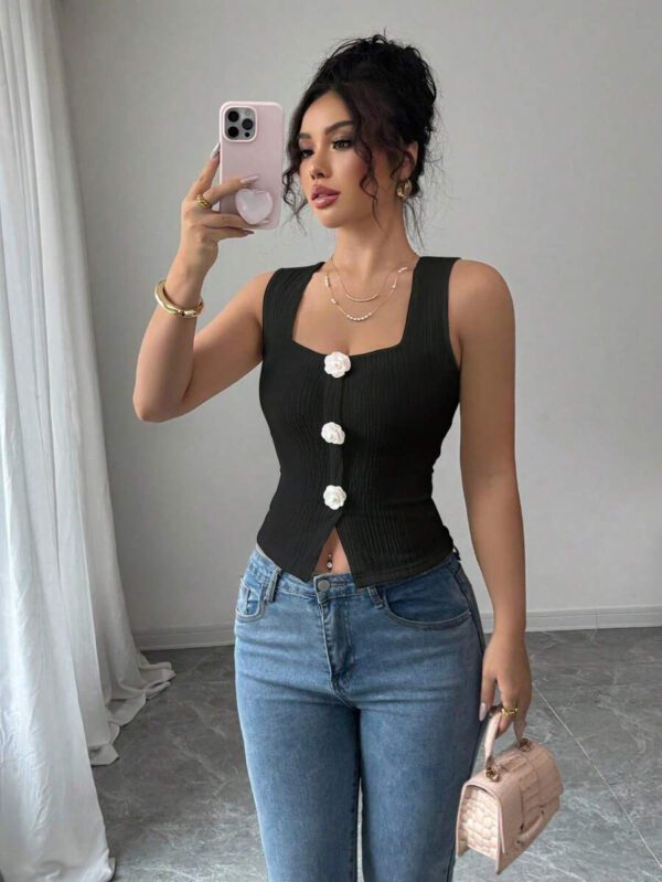 Elenzga Débardeur court à motif floral 3D à la mode pour femme, camisole courte ajustée à bretelles larges et col carré – Image 14