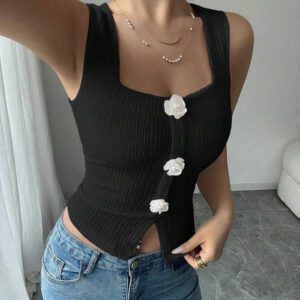 Elenzga Débardeur court à motif floral 3D à la mode pour femme, camisole courte ajustée à bretelles larges et col carré