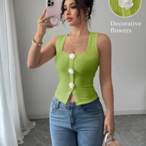 Elenzga Débardeur court à motif floral 3D à la mode pour femme, camisole courte ajustée à bretelles larges et col carré