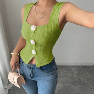 Elenzga Débardeur court à motif floral 3D à la mode pour femme, camisole courte ajustée à bretelles larges et col carré
