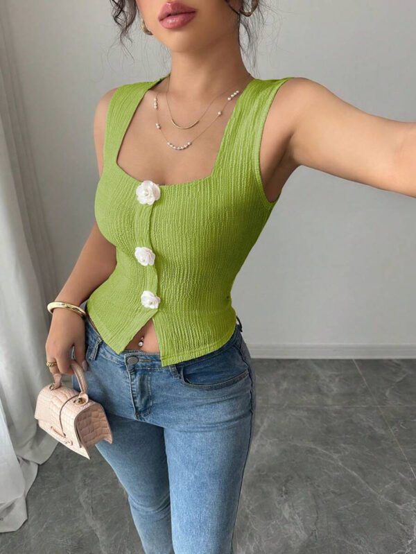 Elenzga Débardeur court à motif floral 3D à la mode pour femme, camisole courte ajustée à bretelles larges et col carré – Image 18