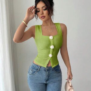 Elenzga Débardeur court à motif floral 3D à la mode pour femme, camisole courte ajustée à bretelles larges et col carré