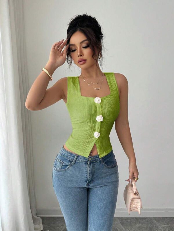 Elenzga Débardeur court à motif floral 3D à la mode pour femme, camisole courte ajustée à bretelles larges et col carré – Image 19