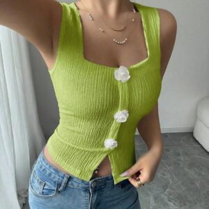 Elenzga Débardeur court à motif floral 3D à la mode pour femme, camisole courte ajustée à bretelles larges et col carré
