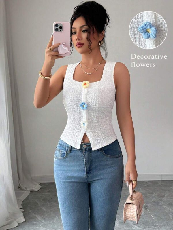 Elenzga Débardeur court à motif floral 3D à la mode pour femme, camisole courte ajustée à bretelles larges et col carré – Image 23