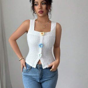 Elenzga Débardeur court à motif floral 3D à la mode pour femme, camisole courte ajustée à bretelles larges et col carré