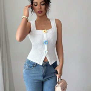 Elenzga Débardeur court à motif floral 3D à la mode pour femme, camisole courte ajustée à bretelles larges et col carré