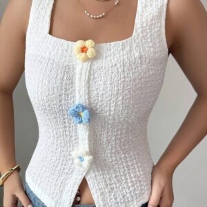 Elenzga Débardeur court à motif floral 3D à la mode pour femme, camisole courte ajustée à bretelles larges et col carré