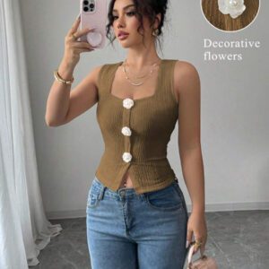 Elenzga Débardeur court à motif floral 3D à la mode pour femme, camisole courte ajustée à bretelles larges et col carré