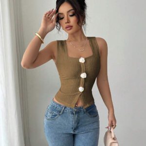 Elenzga Débardeur court à motif floral 3D à la mode pour femme, camisole courte ajustée à bretelles larges et col carré